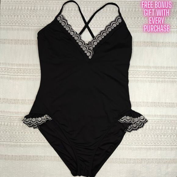 Studio Anne Cole Black One Piece Swimsuit White Lace Trim Size 14 NEW - Picture 1 of 6